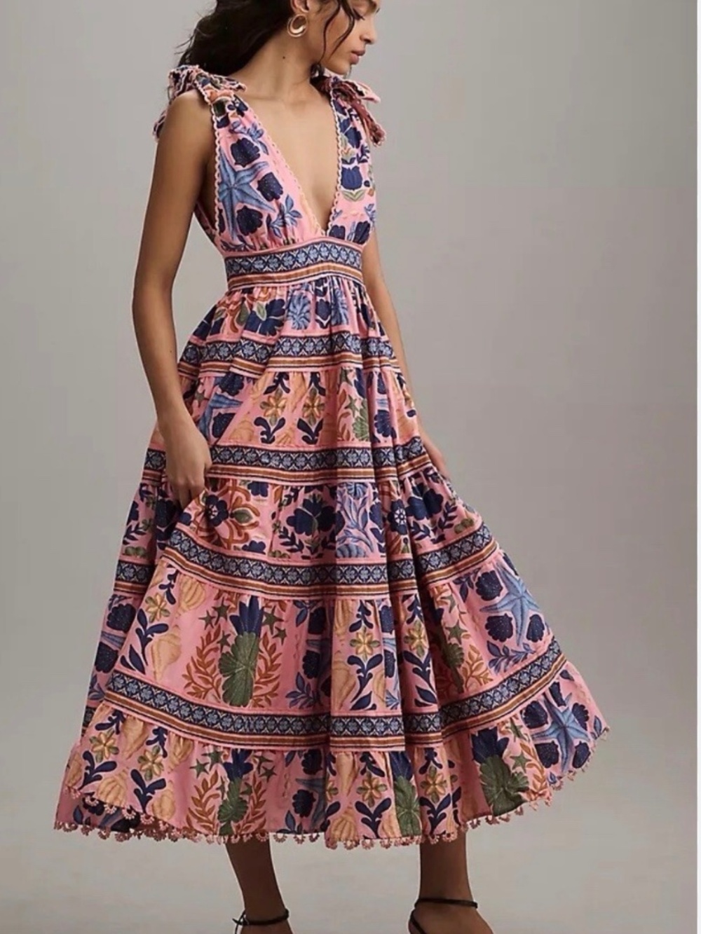 FARM Rio Pink Floral Tiered Midi Dress with Blue & Green Accents